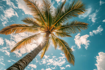High angle view of coconut tree from below with cloudy sky background. Coconut palm garden at the tropical beach.