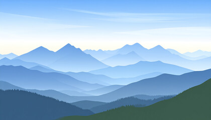 Fototapeta premium Mountain ridge panoramic view with blue haze and clear sky in morning light