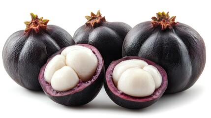 Whole and halved mangosteens with thick purple rind and white juicy flesh, tropical fruit concept. Stock Photo