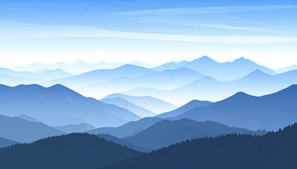 Obraz premium Mountain ridge with layers of blue hills and morning haze under clear sky