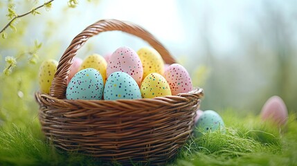 Wicker basket filled with pastel-colored Easter eggs on green grass, representing a festive holiday theme.