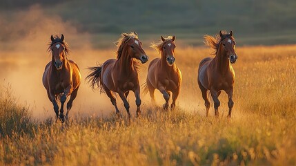 Wild Horses Running in Nature Under the Morning Light, Free Spirit and Beautiful Landscape