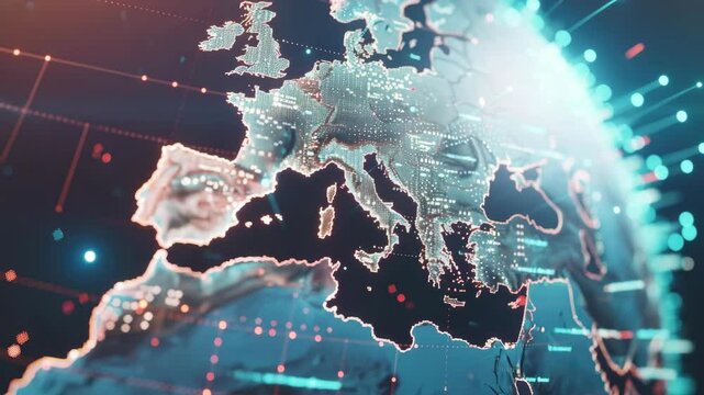 High tech background with world map and digital interface showing global internet connectivity.