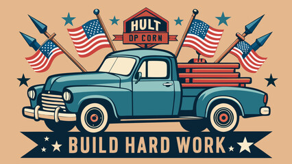 Vintage Truck with Tools and American Flags SVG | Patriotic Labour Day USA Vector Art | Retro Vehicle Graphic for T-Shirts, Posters, Stickers, Prints, Decor
