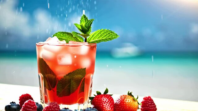Berry cocktail with mint and ice, summer beach background, great for bar menus, restaurant ads, tropical drink promotions. Copy space for text