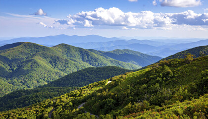 Obraz premium Green mountain landscape with blue ridge and appalachian mountain views under cloudy sky
