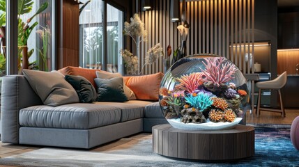 Mini aquarium on table in modern living room with grey sofa and pillows