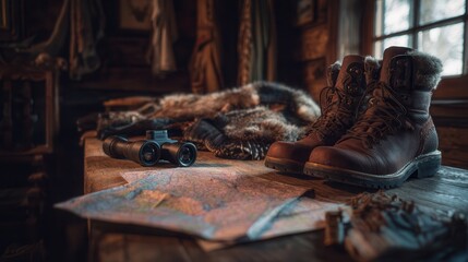 Hiking gear and map laid out on a rustic wooden table in a cozy cabin after an adventurous day outdoors