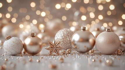 Winter holiday wallpaper with festive ornaments, 3D render for Christmas design.