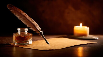 Vintage desk setup with a feather quill and inkwell on aged parchment.