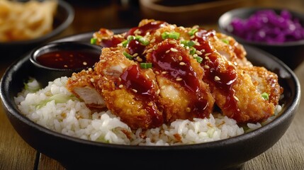 Crispy Katsu chicken with sauce, rice and cabbage.