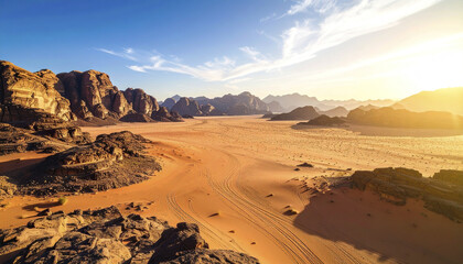 Naklejka premium Desert landscape with rocky mountains and bright sunlight creating warm atmosphere