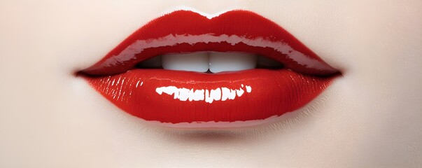 Obraz premium Close up of a beautiful caucasian woman with bold red lips and perfectly applied eye makeup. Beauty industry and cosmetic product advertisement template with copy space for text.