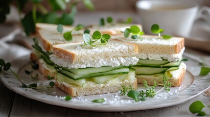 Cucumber sandwiches with soft cheese, sea salt and water cress for tea party