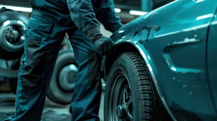 Restoration project: Automotive craftsman reviving classic car in workshop bay