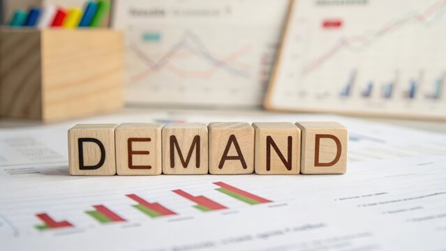 Wooden cubes spelling "DEMAND" with blurred supply chain charts in background
