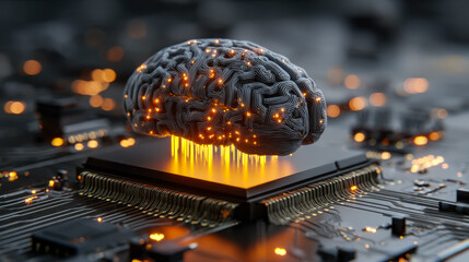 Futuristic ai processing concept with a glowing digital brain transfer on a circuit board