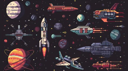 Retro pixel art space scene with diverse spacecrafts and celestial bodies