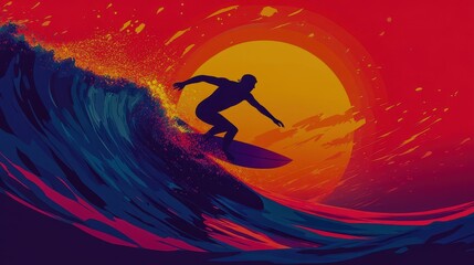 outline of a lone surfer riding a wave at sunset with sharp contrasts