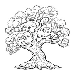 Fototapeta premium Tree Coloring Page, Vector, Illustration, Icon, Outline, Line Art, Silhouette, White Background.
