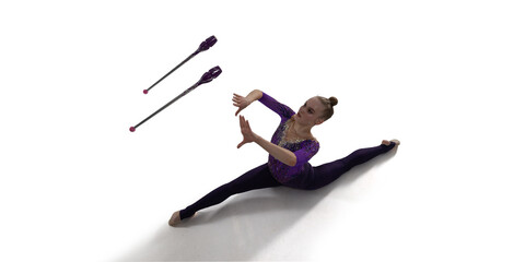 Rhythmic gymnastic woman on white background.