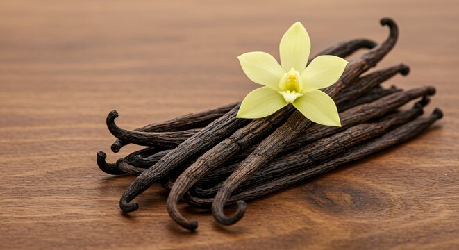 A close up shot of a pile of vanilla beans with a flower on top of them on a wooden surface
