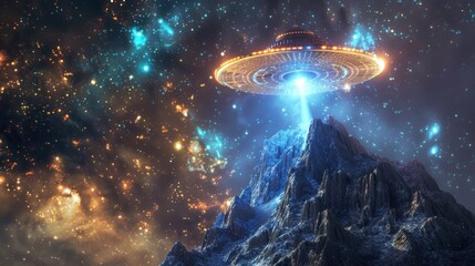 Naklejka premium Unidentified Flying Object Over a Majestic Mountain Against a Starry Sky