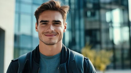 Young man with backpack and athletic attire walking towards building. Bright day, no people in background.