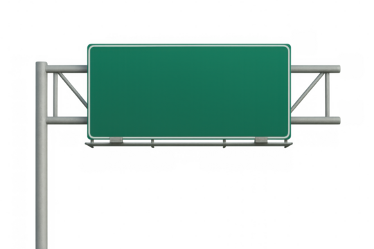 Green roadside sign featuring blank space, ideal for inserting custom travel, transportation, or advertising text against transparent background