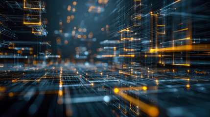 Futuristic digital data visualization with vibrant glowing lines and grids