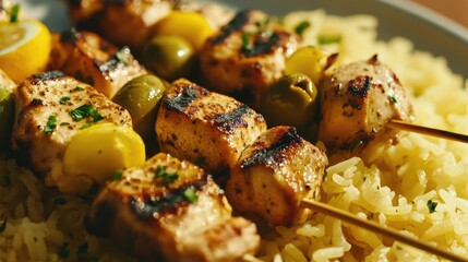 Greek grilled chicken skewers served with lemon rice and marinated green olives