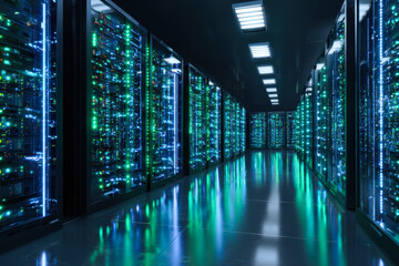 Modern data center with illuminated server racks in a high-tech environment
