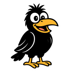 Goofy and cheerful cartoon crow mascot. This friendly black bird has big, happy eyes, a wide smile, and spiky hair. Simple vector art isolated on a white background.

