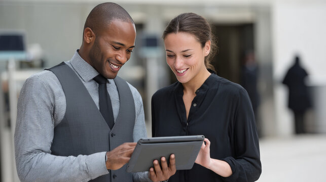 Diverse team collaborating with tablet, showcasing inclusion and representation in professional setting, fostering integration and teamwork
