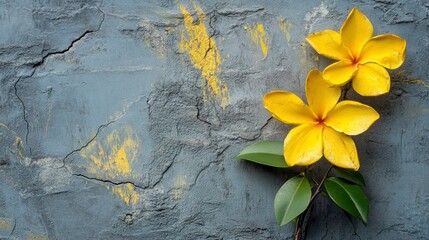Two vibrant yellow Plumeria flowers with green leaves on a textured gray background.