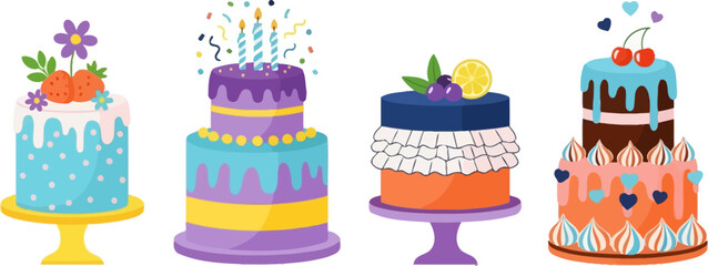 Collection of four colorful layered cakes with decorations and candles