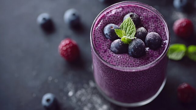 Healthy vanilla blueberry chia pudding in a glass with fresh berries - Powered by Adobe