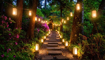 Obraz premium Magical forest path leading to glowing grotto