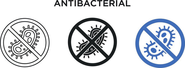 Antibacterial symbol with three different icon styles showing prohibition of bacteria