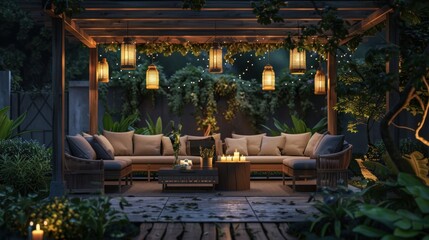 Fototapeta premium Luxurious outdoor lounge area. Terrace with pergola, rattan furniture and decorative lighting.