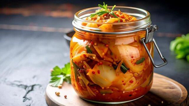 Spicy kimchi in a jar, traditional fermented Korean side dish with vegetables and spices on wooden plate, served with herbs and chili flakes, asian cuisine concept.