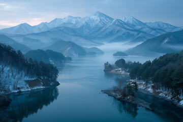 Naklejka premium A serene landscape of Lake Hibara with foggy air and snow-covered islets, framed by forested hills and mountain peaks. 