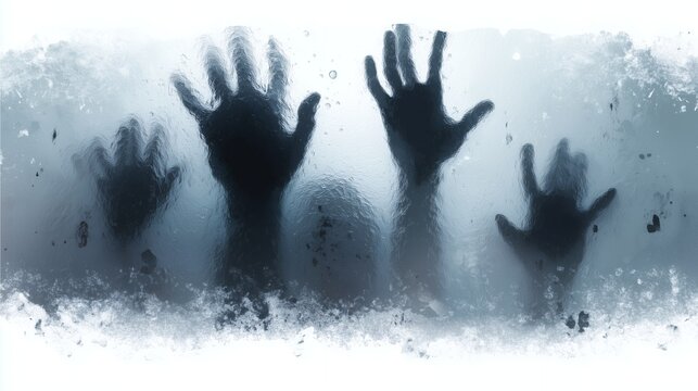 Blurred silhouetted hands and ghostly head shape pressed against a deeply textured, icy or frosted pane, concept for promotional materials for horror media, conceptual art for scary experiences