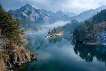 A serene landscape of Lake Hibara with foggy air and snow-covered islets, framed by forested hills and mountain peaks. 