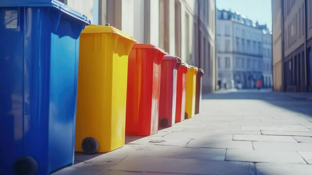 Colorful recycling bins lined up along a city sidewalk, promoting waste segregation and eco-friendly urban waste management practices.