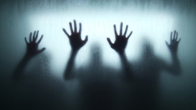 Multiple dark ghostly silhouettes with expressive hands pressing against textured damp frosted glass pane, concept for Halloween season designs, mysterious story illustrations and escape room - Powered by Adobe