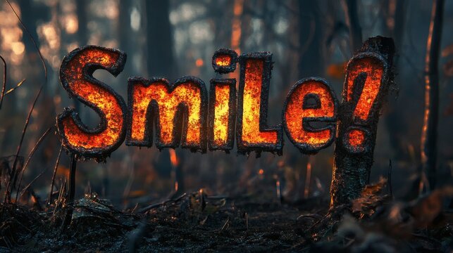 Charred Forest Style "SmiLe?" Message in Fiery Burned Text Effect Background,Generative Ai