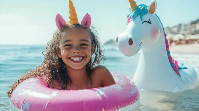 Girl in floaties, laughing and smiling with a unicorn floatie behind her.