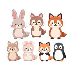 Obraz premium Cute Animal Cartoon Series – Kawaii Bunny, Fox, Panda, and Friends
