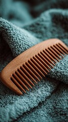 Detail view of a natural wooden comb resting on a soft textured teal towel surface, beauty tool, Concept for organic hair care advertising, personal wellness promotion and bathroom product displays